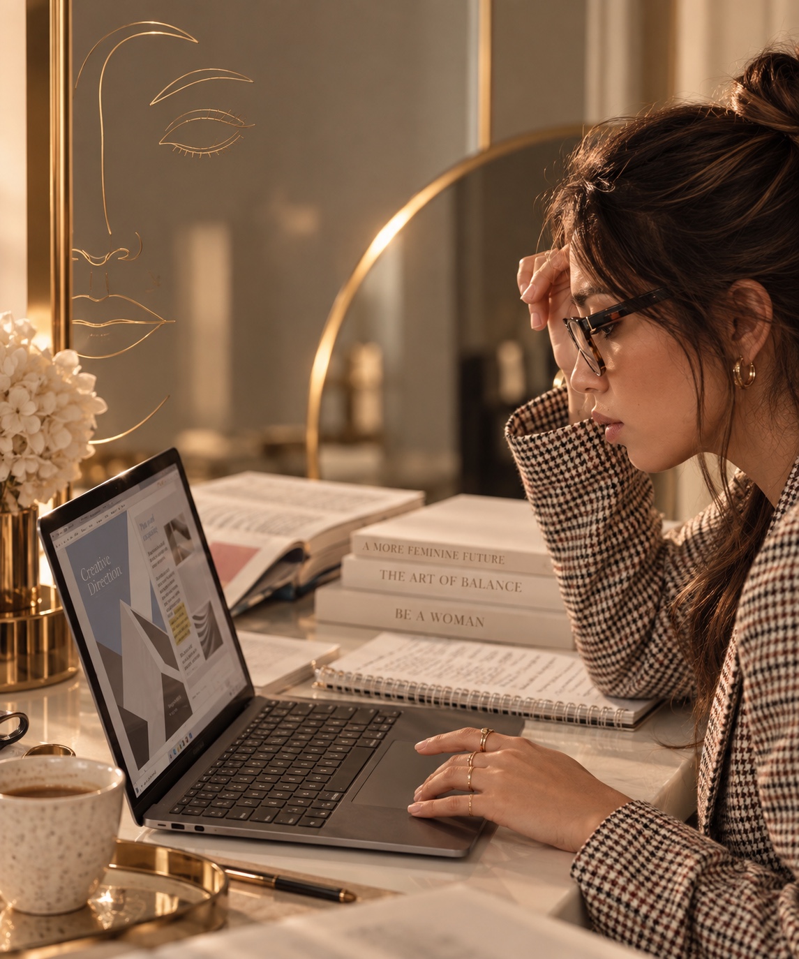 Donna con occhiali mentre applica il trucco davanti allo specchio
